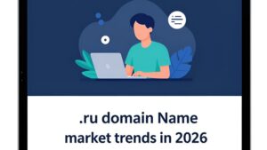 Современная иллюстрация рыночных трендов доменных имен ру на 2026 год для блога WMDengi